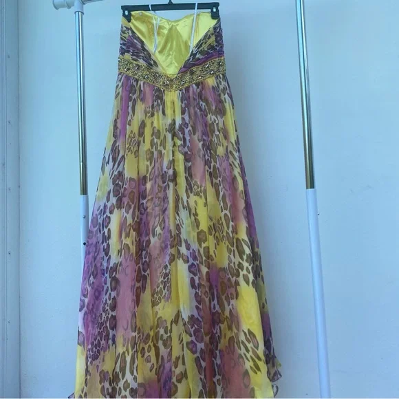 Y2K Camille La Vie Pink & Yellow Leopard Beaded Gown Size 14 - Picture 6 of 9